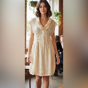 NANETTE LEPORE Butter Cream Lt Yellow Lace-Up Corsette Midi Dress 6/Small